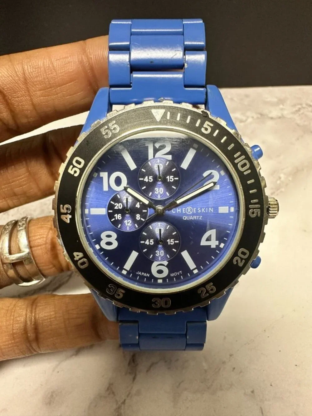 3/$30 Chereskin Watch Men Silver Tone Blue Faux Chrono Dial New Battery 8.75